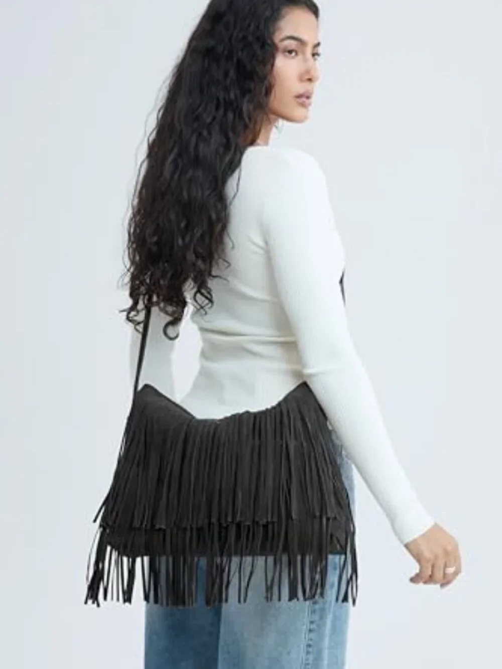 Faux Suede Leather Fringe Hobo Crossbody Shoulder Bag